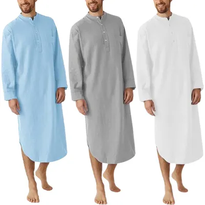 Kausalen männer Schlaf Robe Einfarbig Langarm Nachthemd O Neck Button Up Freizeit Männer Bademantel Image