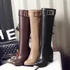 Lange Stiefel für Damen 2023, Herbst und Winter, neuer Stil, braun, elegante Stiefel, hoher Absatz, runde Zehenpartie, Ritterstiefel, große Größe 45, K-Stil