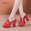 Aphixta 10,5 cm Platz Heels Plattform Rutschen Frauen Maultiere Design Peep Toe Hausschuhe Sandalen Sommer Coole Schuhe Weibliche Große Größe 41
