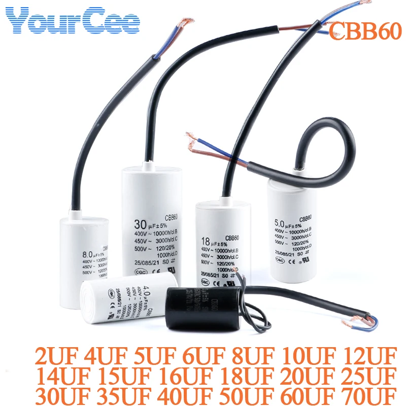 CBB60 Motor Run Capacitor Starting Capacitor AC450V 2/3/4/5/6/8/10/12/14/15/16/18/20/25/30/40/45/50/60/70UF for Washing Machine