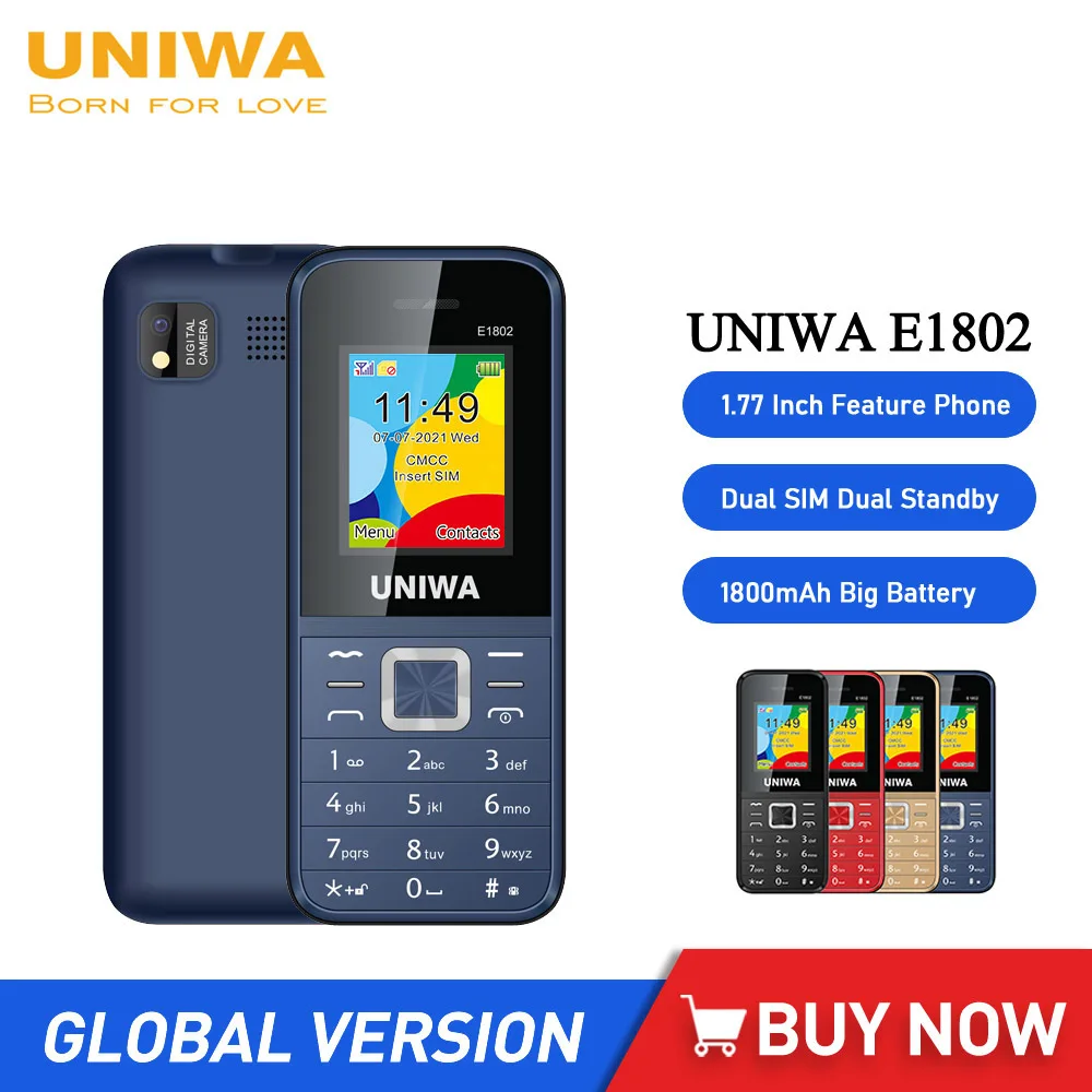 UNIWA E1802 2G Cellphone 1.77 Inch Flip Phone Push Button 1800mAh Telephone for Senior Elder Dual SIM Dual Standby Wireless FM