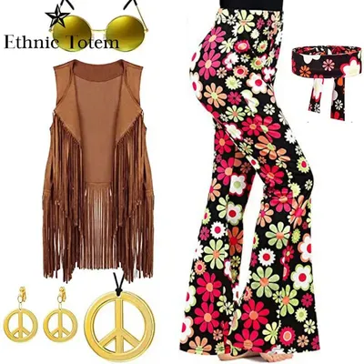 60er 70er Outfits für Frauen Hippie Kostüm Set 7-teilig Boho Schlaghose Fransen Weste Image