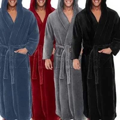 Lose Männer Flanell Robe Winter Lange Robe Hause Kleid Nachtwäsche Einfarbig Taschen Winter Warme Image