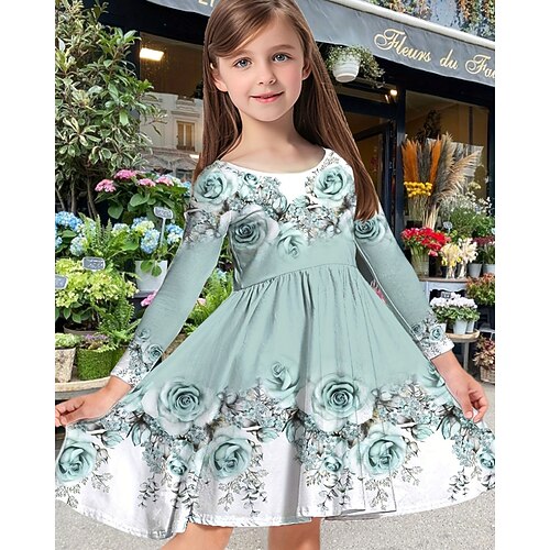 Ostern Mädchen' 3D Blumen Graphic Kleid Langarm Sommer Frühling Urlaub Täglich Festtage Prinzessin Schön Süß kinderkleidung 4-12 Jahre Casual kleid A Linie Kleid Knielang Regular Fit Image