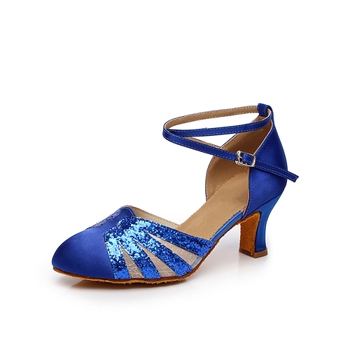 Damen-Tanzschuhe aus blauem Glitzersatin mit Kreuzriemen und Mesh-Design, bequemer Absatz für lateinamerikanischen und Gesellschaftstanz Image
