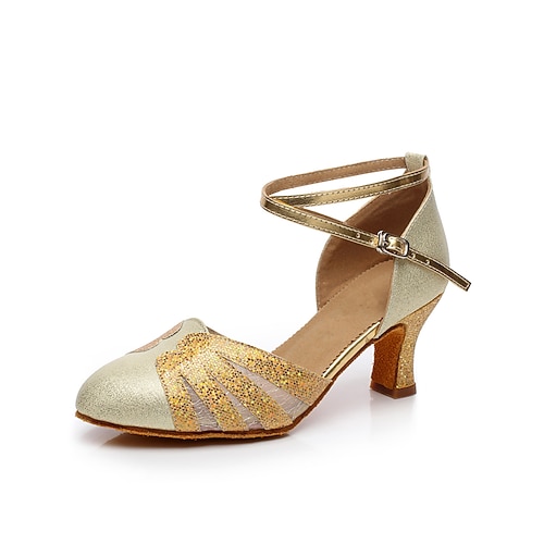 Damen-Tanzschuhe aus blauem Glitzersatin mit Kreuzriemen und Mesh-Design, bequemer Absatz für lateinamerikanischen und Gesellschaftstanz Image