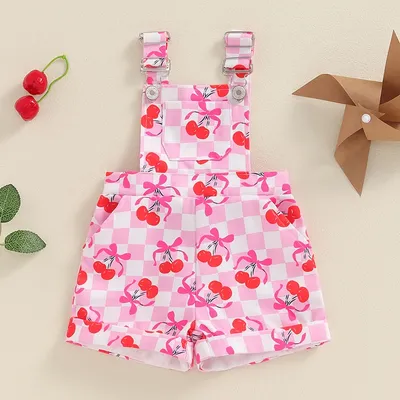 2024-05-08 Lioraitiin Toddler Girls Shorts Overalls Cherry Plaid Print Square Neck Romper Sleeveless