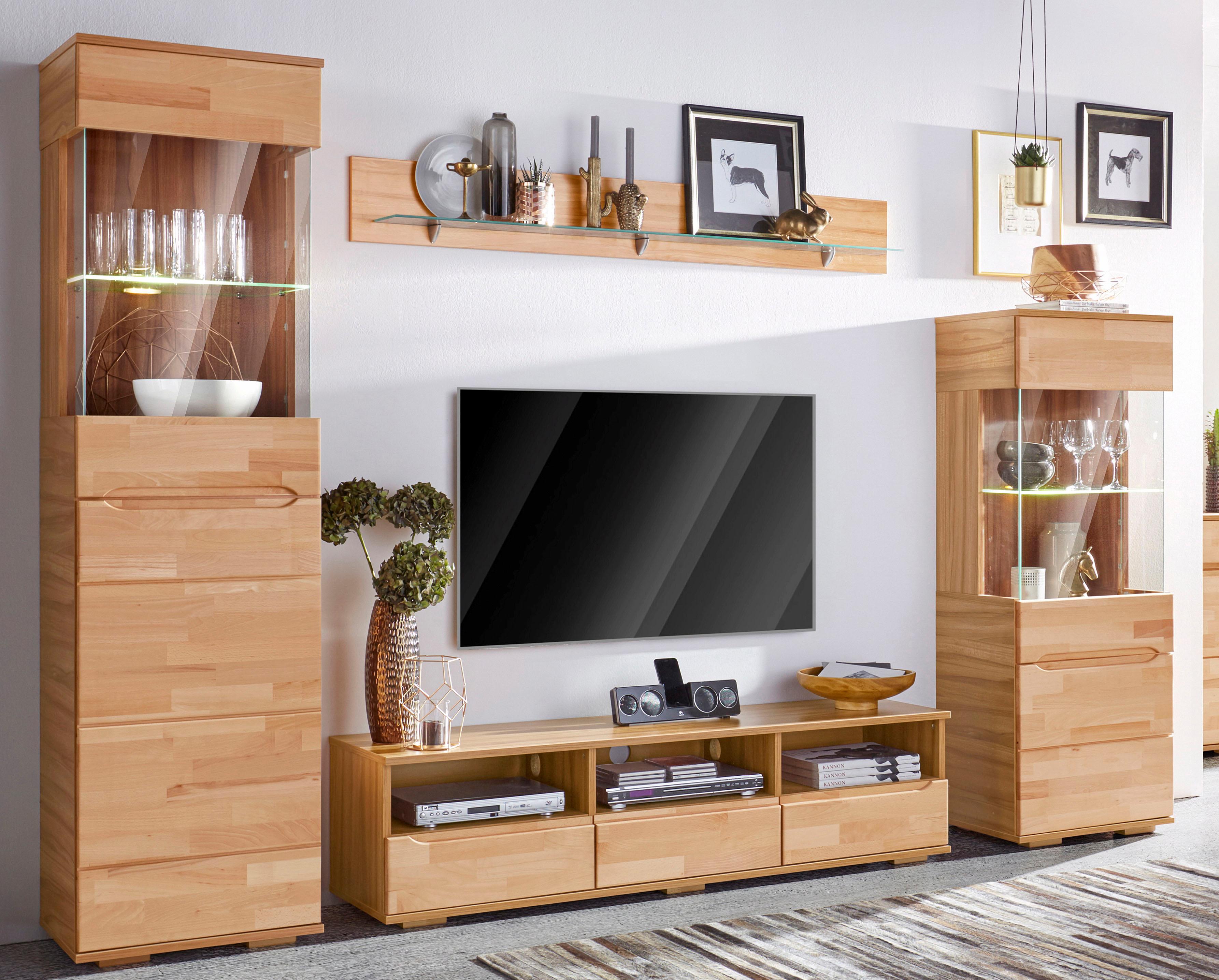 Wohnwand HOME AFFAIRE "Vetro,Fronten Massivholz,Korpus Holzwekstoff,Griffmulden", beige (kernbuche teilmassiv), Holzwerkstoff Kernbuchefarben (Korpus)/ Massivholz Kernbuche (Front), Holz teilmassiv, Kastenmöbel-Sets, Böden teilweise versetzbar, bei...