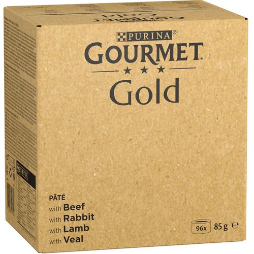 96x85g Feine Pastete: Rind, Kaninchen, Lamm, Kalbfleisch Gourmet Gold Katzenfutter nass - 80 + 16...