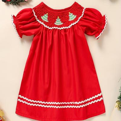 TEMU Baby Girls Christmas Dress Christmas Tree Print Soild Color Party Costume Dresses