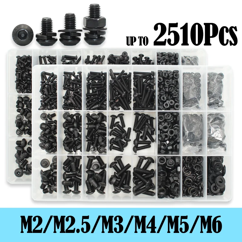 Insgesamt 2510p M2 M2,5 M3 M4 M5 M6 runder Sechskantschraubensatz 1840 10.9 Grade Black Socket Button Head Allen Drive Schrauben Bolzen ISO7380 Image