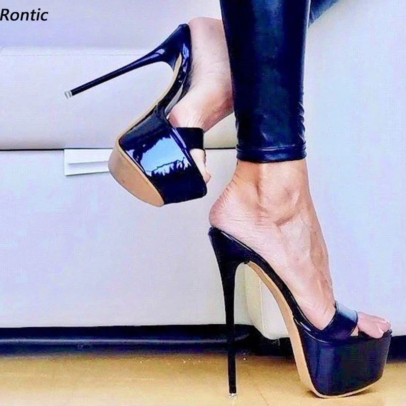Rontic Neue Ankunft Frauen Plattform Sandalen Patent Leder Sexy Stiletto Heels Offene spitze Elegante Schwarz Kleid Schuhe Größe 34 45 47 52