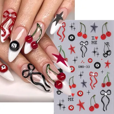5D Cherry Bow Nail Art Sticker Y2K Heart Star 2/8 Ball Design Nail Decals Red Black Crazy French