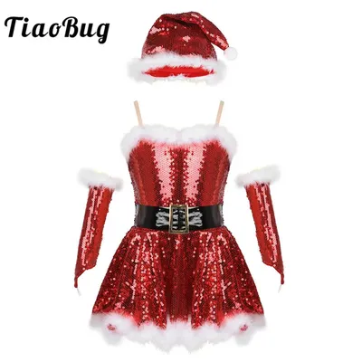 Kids Christmas Costume Sleeveless Sequins Ballet Tutu Dress Figure Skating Gymnastics Leotard Jazz