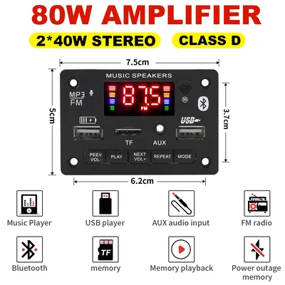 40W Amplifier Bluetooth 5.0 DIY MP3 WAV Decoder Board DC 12V Wireless Car USB MP3 Player TF Card