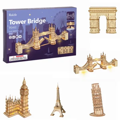 Robotime Wooden Puzzle Game DIY 3D Tower Bridge,Big Ben,Famous Building Assembly Toy Gift for