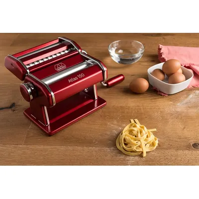 Atlas 150 Machine, Made in Italy, Red, Includes Pasta Cutter, Hand Crank, and Instructions