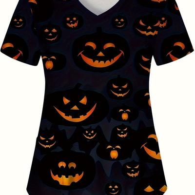 TEMU Pumpkin Print V-neck Scrub Top, Comfortable & Functional Health Care Uniform Top, Perfect For Working In Hospitals & Dental Office, Women's Work Clothing