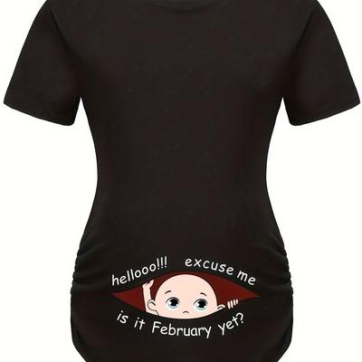 TEMU Hello Month & Cartoon Character Print Maternity T-shirt, Round Neck Short Sleeve Pregnant Women's Top For Pregnancy Announcement - Comfortable Fit