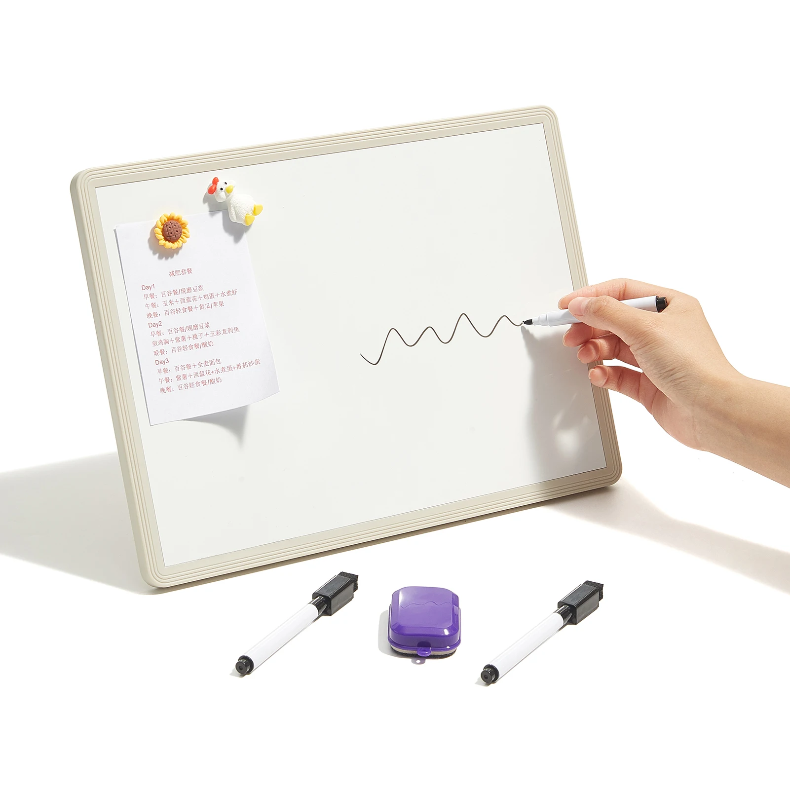 Jielisi Vielseitiges magnetisches Desktop-Whiteboard mit Stand-up-Schreibtafel, inklusive 3 schwarzen Marker und 1 Radiergummi, leicht zu schreiben Image