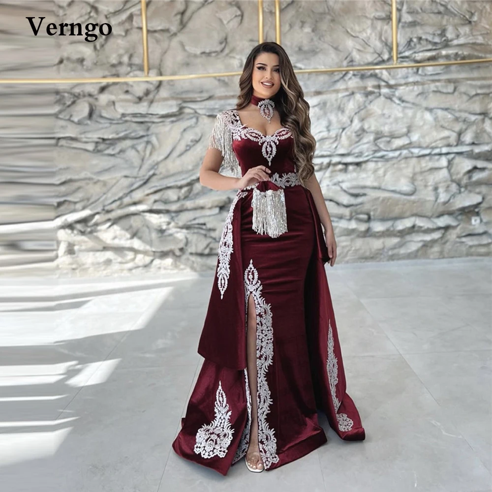 Verngo Dark Red Burgundy Samt Meerjungfrau Abendkleider Kaftan Dubai Frauen Applique Quaste Schlitz Prom Kleider Mit Abnehmbaren Zug Image