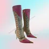 Rose Rot Schlangenleder Druck Kette Dekor Spitz Stiefel Seite Zipper Frauen Schuhe Dünne High Heels
