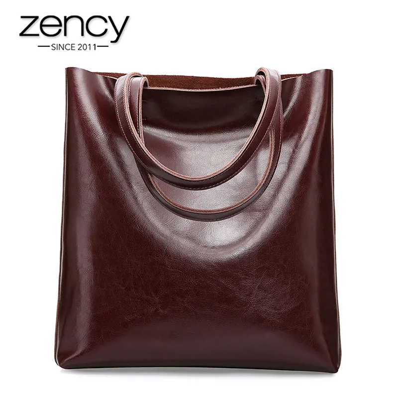 Zency 100 % echtes Leder Vintage Damen Umhängetasche hochwertige Mode braun große Kapazität Einkaufstaschen schwarze Tragetasche Handtasche