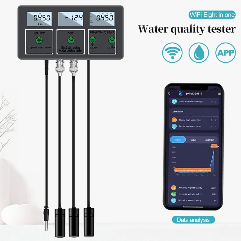 Online-Wasserqualitätstester pH/ORP/EC/TDS/SALT/S.G/CF/Temperatur-APP-Tester 8-in-1 WIFI und Datenübertragung für Pools, Aquarien Image