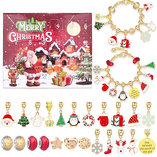 Adventskalender Füllgeschenke Weihnachtsgeschenke für Mädchen Charm-Armband Countdown Kalender für Kinder 24 Fächer Weihnachts Countdown Kalender Überraschungshandarmband Schmuckset Image