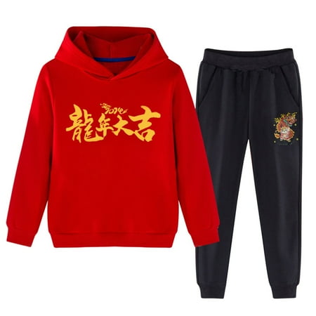 Otqutp Round Neck Round Neck for Baby Children s Red Festive New Year Clothing For Boys And Girls In The Year Of The Dragon Casual Hoodie Pants Two Sets(C 3-4 Years)