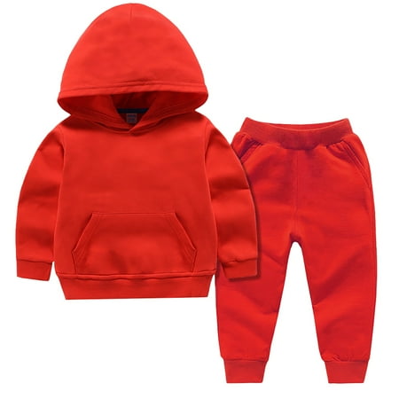 Otqutp Soft Round Neck Autumn for Baby Boys Girls Spring Autumn Solid Color Cotton Hooded Sweater Long Sleeve Two PC Sports Suit(Red 7-8 Years)