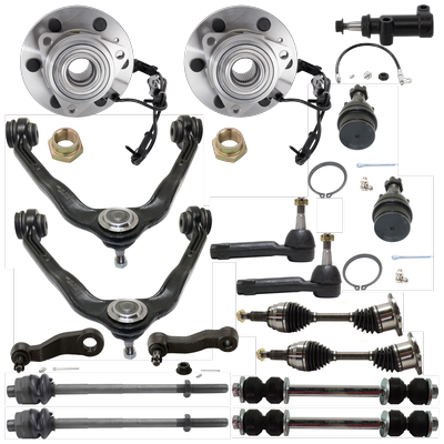 2005 Chevrolet Tahoe 17-Piece Kit Front, Driver and Passenger Side Axle Assembly, 4WD, Supplied with Standard Neoprene Outboard Boot, New, includes (2) Axle Assembly, (2) Ball Joint, (2) Control Arm, (1) Idler Arm, (1) Idler Arm Bracket, (1) Pitman...