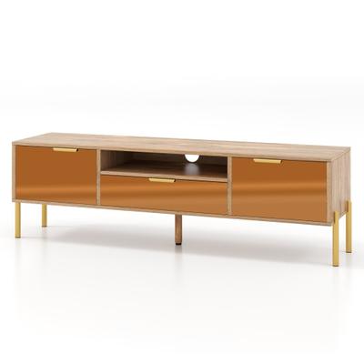 Costway Mirrored TV Stand for TV up to 65 Inch with Spacious Tabletop and 2 Storage Cabinets-Natural