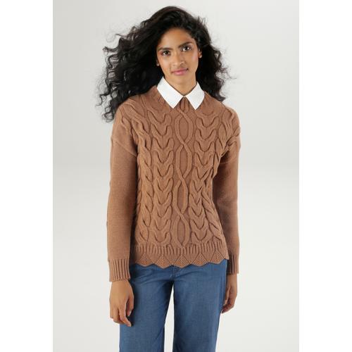 Strickpullover ANISTON SELECTED Gr. 36, braun (camel) Damen Pullover mit Lochstrickmuster am Wellensaum