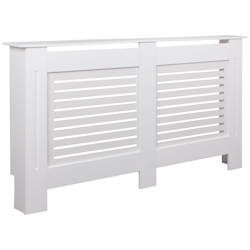 Moderne Heizkörperabdeckung mit Lamellenmuster, Elegante Lösung zur Verbesserung der Raumgestaltung, Weiß. 152x19x83 cm | Kadima Design Image