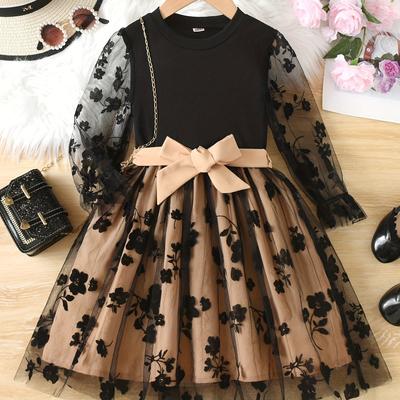 TEMU Girls Stylish & Elegant Flowers Embroidery Long Mesh Spliced Belted Dress For Spring & Fall, Trendy Clothes For Girls For Dinner Party