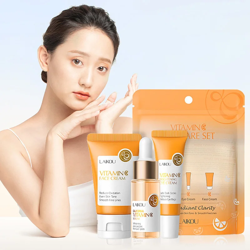 3 pièces/ensemble LAIKOU vitamine C 24K doré Sakura ensembles de soins de la peau crème pour le visage sérum crème pour les yeux hydratant Anti rides Kit de soins du visage