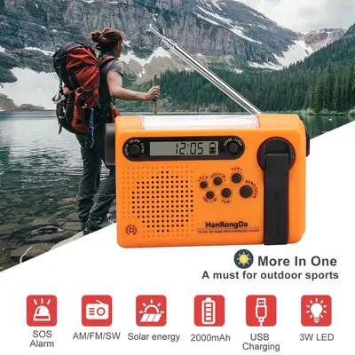 AM FM SW Radio Solar Hand Crank Weather Radio 2000mAh Alarm Clock Portable Outdoor Flashlight Phone