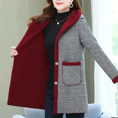 New Women s Add Velvet Plaid Coat Warm Padded Jacket Winter Cold Proof Hooded Parker Overcoat Female Shopping