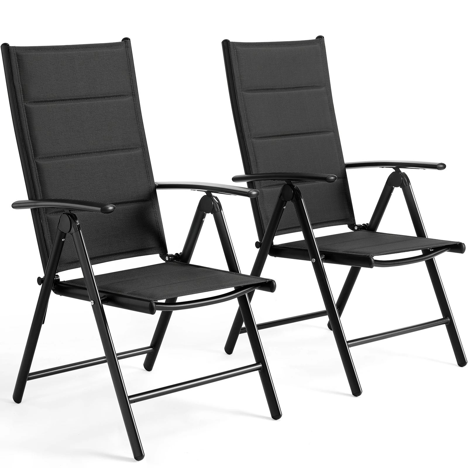 Klappbarer Gartenstuhl aus Aluminium, Lounge-Rückenlehne, 7, verstellbare Einstellungen, mit Armlehnen, wetterfeste Outdoor-Stühle, Schwarz, Grau