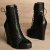 Schwarze Kreuzgebundene Keile, Absätze, Stiefel, matte Lederschuhe für Frauen, dünne High Heels,