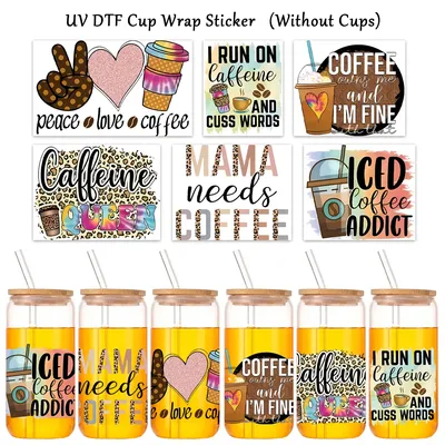 6 Stücke Neue Kaffee Design UV DTF Tasse Wraps Aufkleber Kaffee Liebhaber, Mama Braucht Kaffee Image