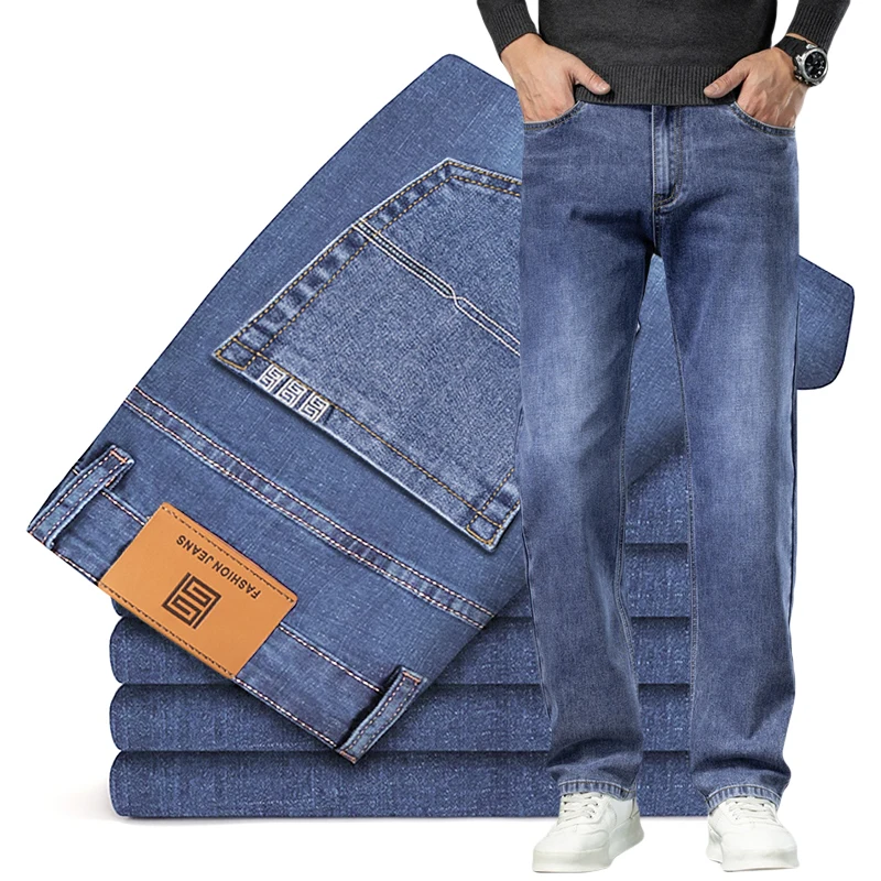 Männer Gerade Lose Jeans Baumwolle Business Casual Stretch Denim Hosen Männliche Hosen Marke Kleidung Plus Größe 42 44