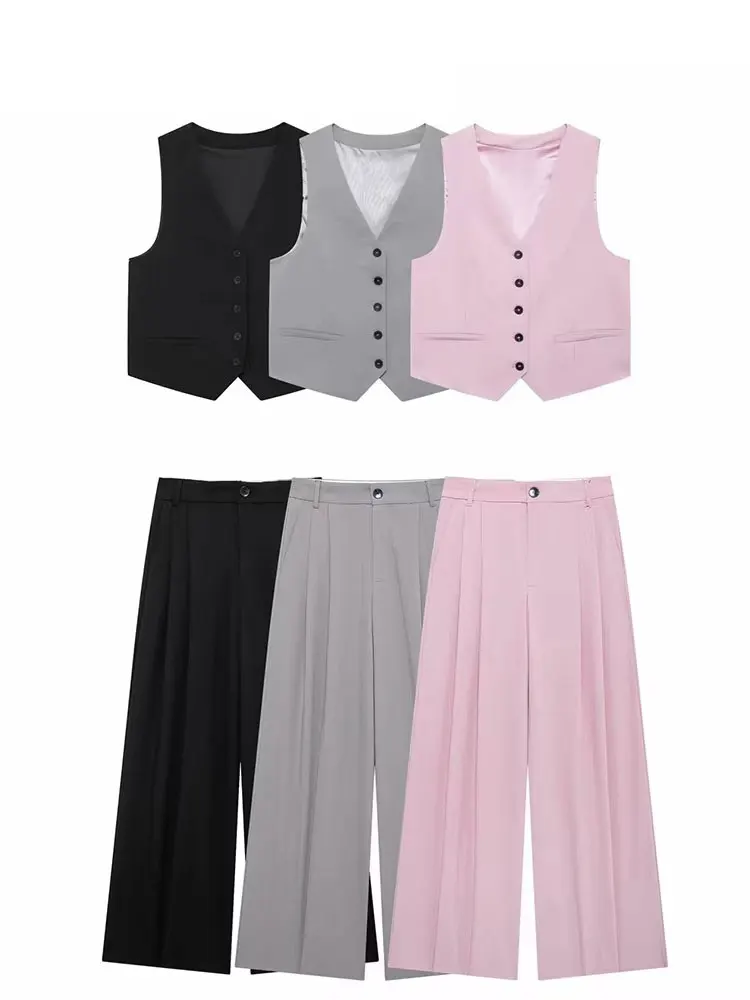 HH Frauen Feste Hose Sets Verstellbarer Rückengurt Einreiher V-ausschnitt Weste Hohe Taille Hose Mode High Street Outfit Image