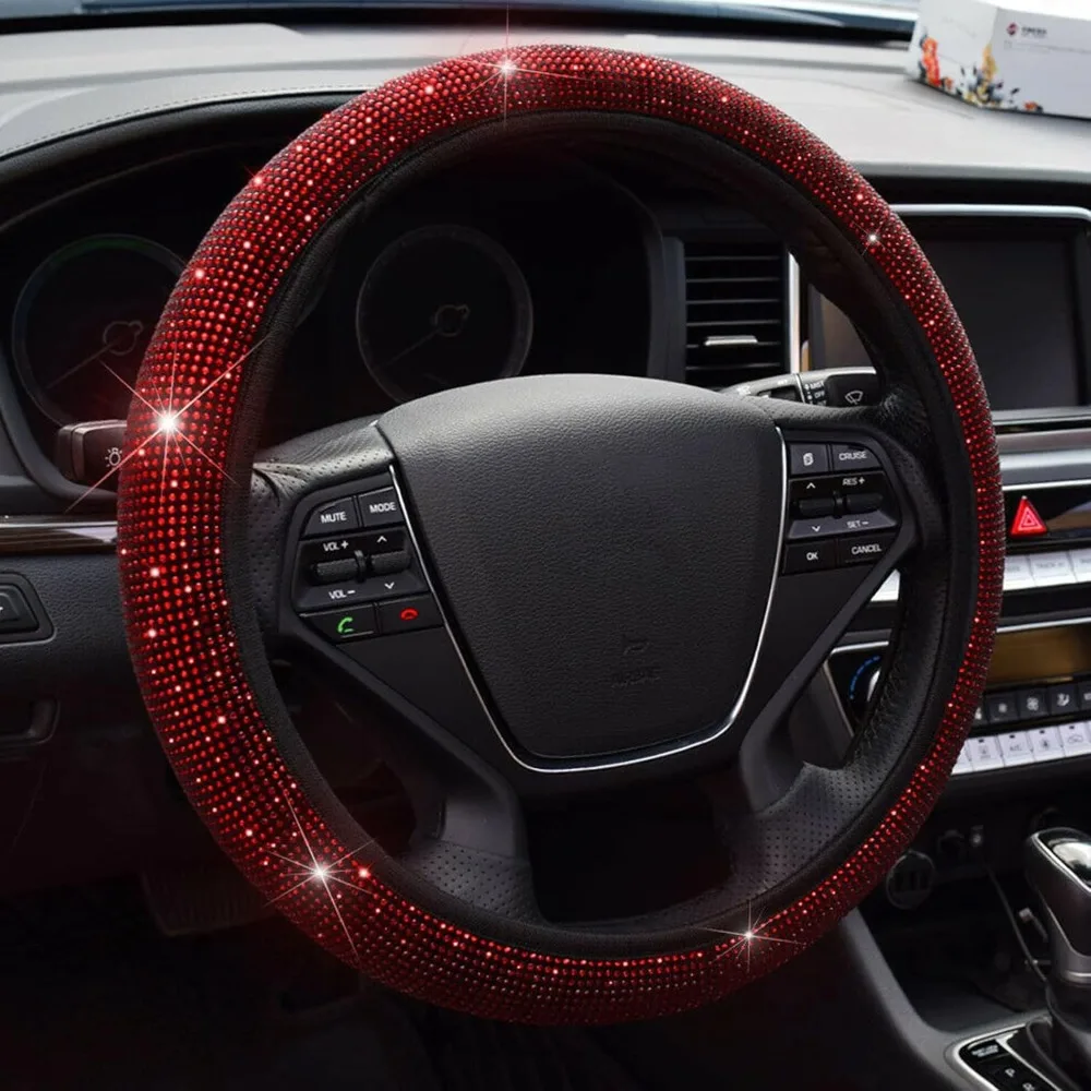 Kristall-Lenkradabdeckung, 38 cm, universelle Lenkradabdeckung, rutschfeste Auto-Lenkradabdeckungen in Rot Image