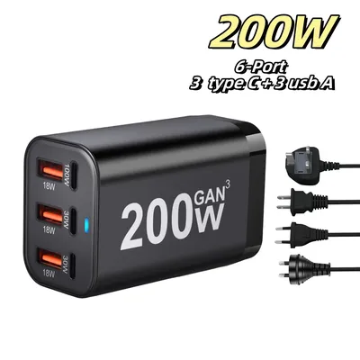 200W GaN Ladegerät 6-Port USB C PD Ladegerät Quick Charge 3.0 USB Typ C Schnellladegerät Handy USB Ladegerät Samsung iPhone