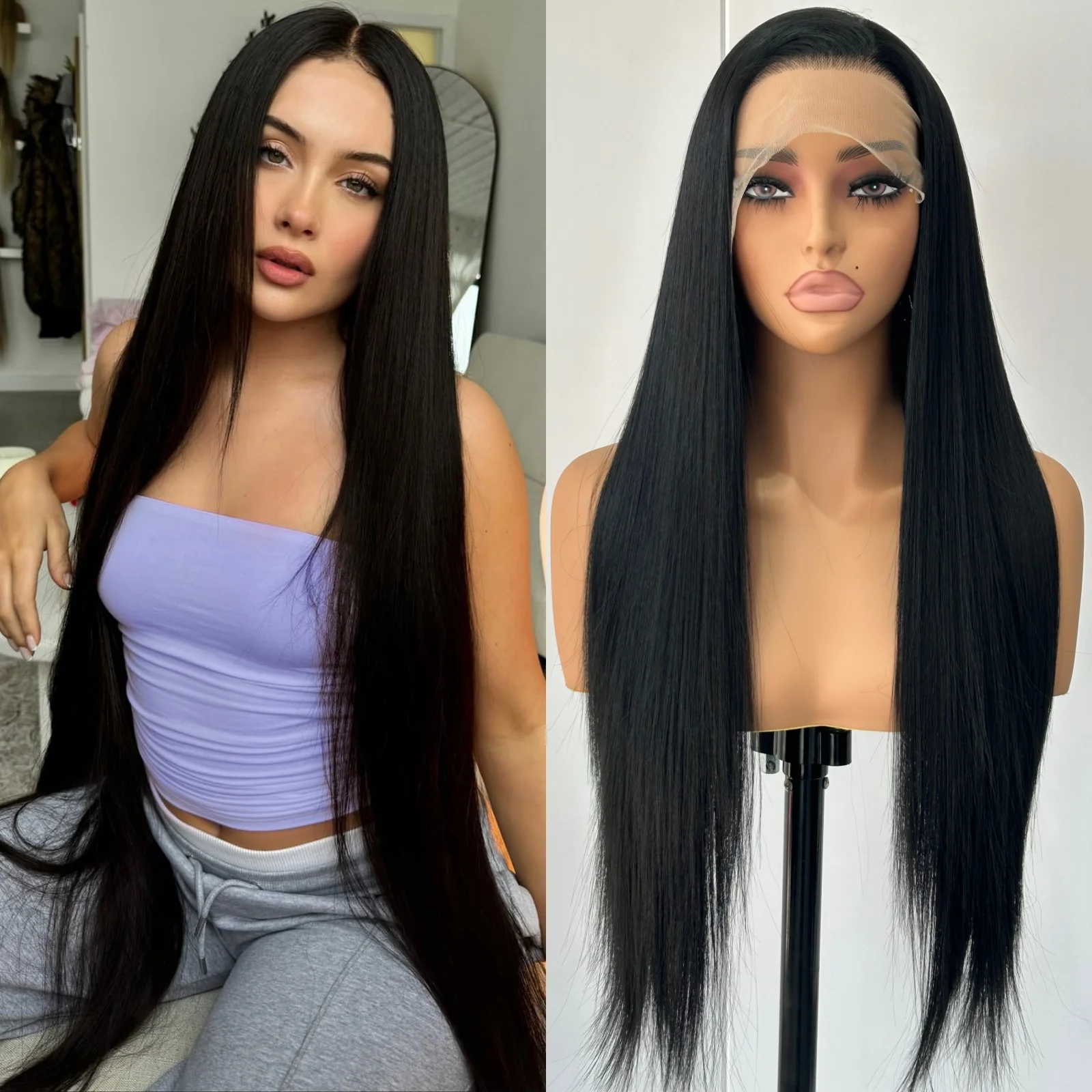 Tiefschwarze lange, seidige, gerade Lace-Front-Perücke, freier Teil, natürliche, lange, schwarze, hitzebeständige Faser-Perücken für Frauen, tägliche Party Image