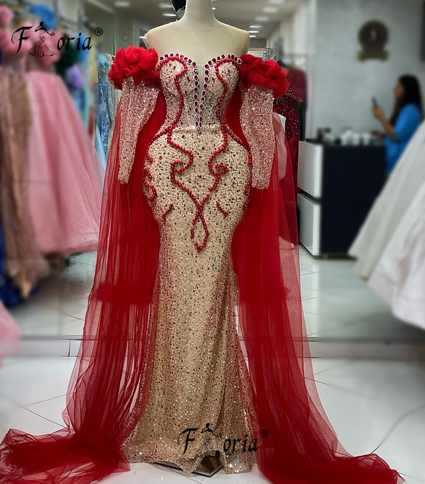 Rote Champagner Luxus Perle Perlen Dubai Brautkleid von der Schulter formelle Anlass Kleider lange Umhang maßge schneiderte 2024 Roben