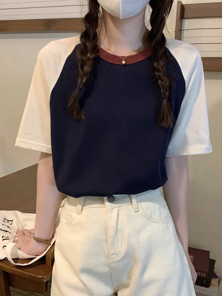 Sommer Tops für Frauen T-shirt Drehen Unten Kragen Kurzarm Beige Blau Chic Y2k Mode Patchwork 2026 T Shirts Image