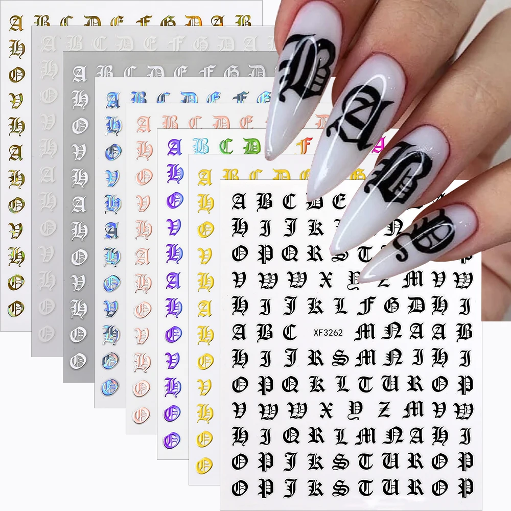 Adesivi per nail art con design a lettere gotiche scintillanti 3D Lettere dell'alfabeto maiuscole Disegni artistici Decorazione per decalcomanie per nail art fai da te # 1